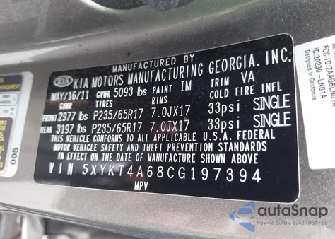 2012 Kia Sorento Lx z USA, uszkodzony, nr VIN 5XYKT4A68CG197394